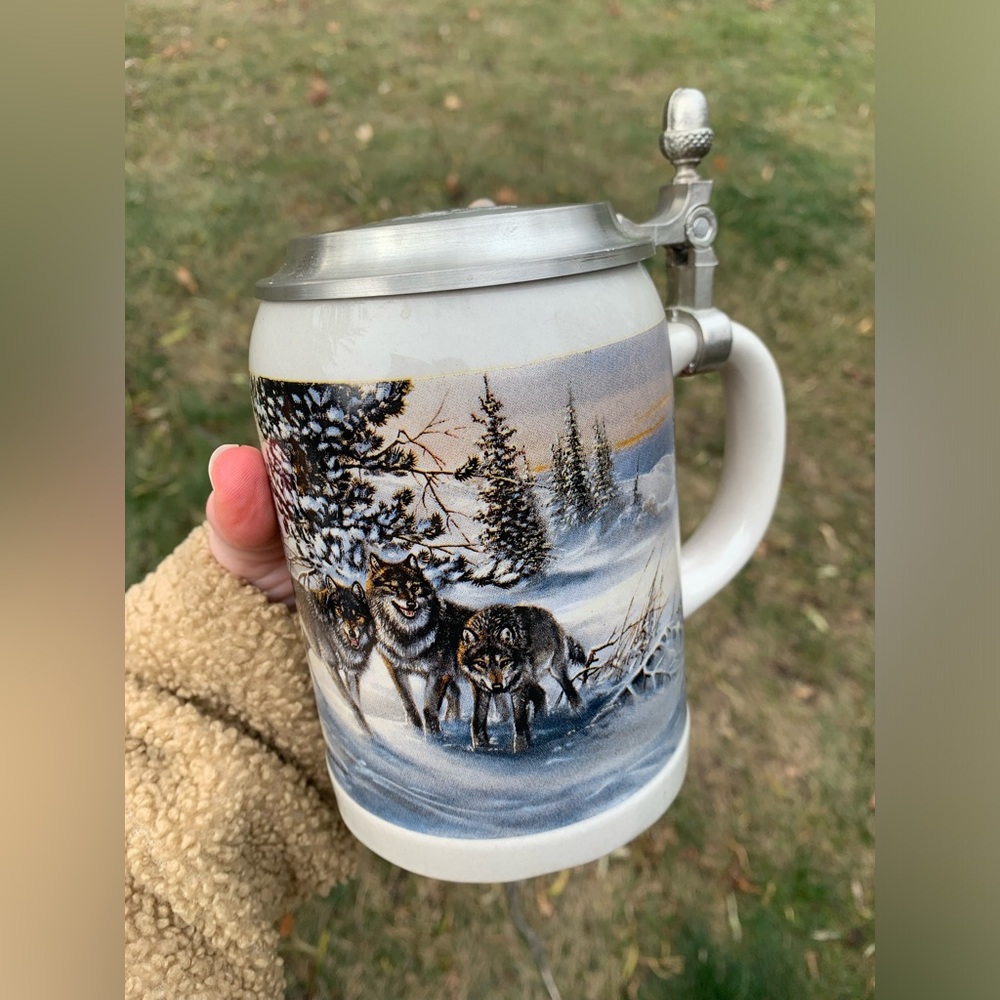 Heavy Domex Germany Beer Stein Mug Ceramic Pewter Lid with Wolf Acorn Snow